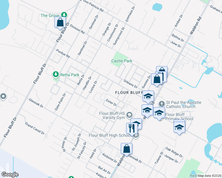 map of restaurants, bars, coffee shops, grocery stores, and more near 2329 Kazimir Drive in Corpus Christi