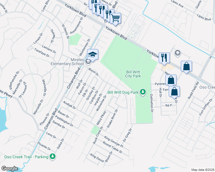 map of restaurants, bars, coffee shops, grocery stores, and more near 7721 Impala Drive in Corpus Christi