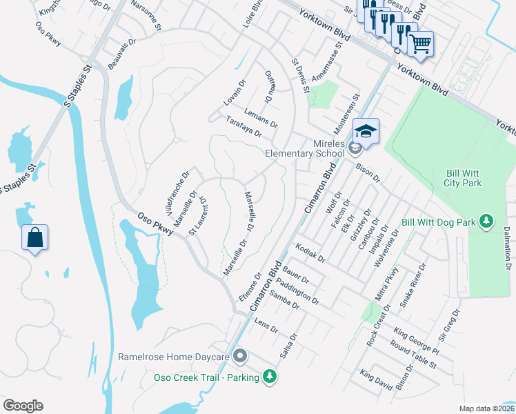 map of restaurants, bars, coffee shops, grocery stores, and more near 8129 Marseille Drive in Corpus Christi