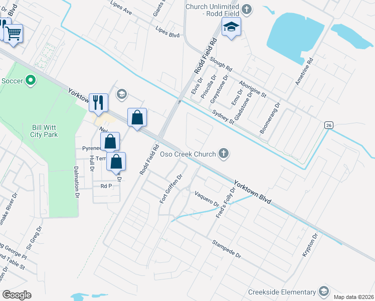 map of restaurants, bars, coffee shops, grocery stores, and more near 7302 Clement Drive in Corpus Christi