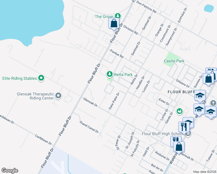 map of restaurants, bars, coffee shops, grocery stores, and more near 2513 Ellie Drive in Corpus Christi