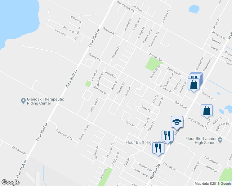 map of restaurants, bars, coffee shops, grocery stores, and more near 2421 Retta Drive in Corpus Christi