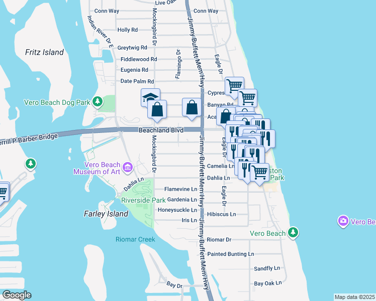 map of restaurants, bars, coffee shops, grocery stores, and more near 665 Camelia Lane in Vero Beach