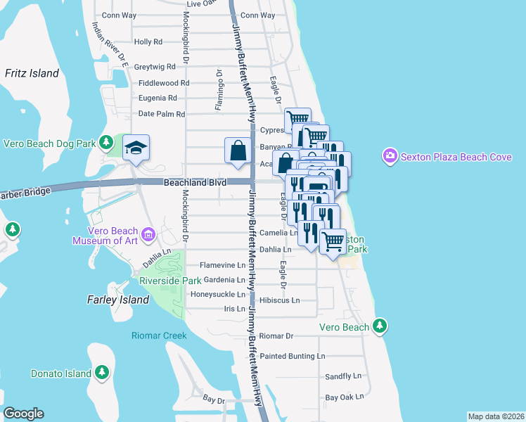 map of restaurants, bars, coffee shops, grocery stores, and more near 745 Azalea Lane in Vero Beach