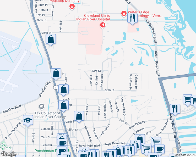 map of restaurants, bars, coffee shops, grocery stores, and more near 3080 10th Court in Vero Beach