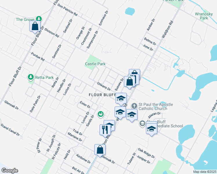 map of restaurants, bars, coffee shops, grocery stores, and more near 2245 Burgundy Drive in Corpus Christi