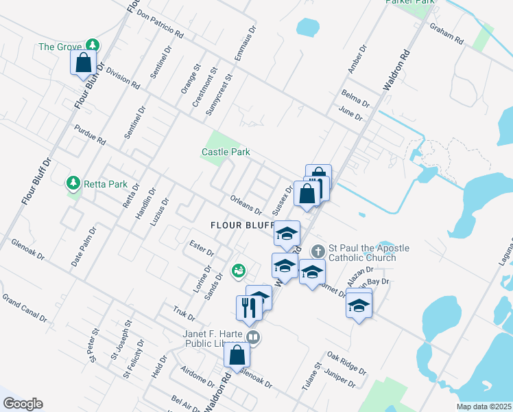 map of restaurants, bars, coffee shops, grocery stores, and more near 2245 Burgundy Drive in Corpus Christi