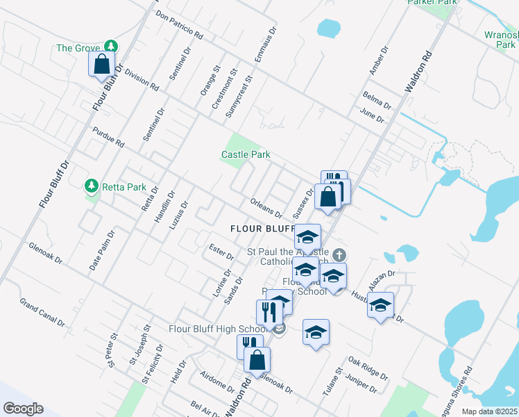 map of restaurants, bars, coffee shops, grocery stores, and more near 801 Orleans Drive in Corpus Christi