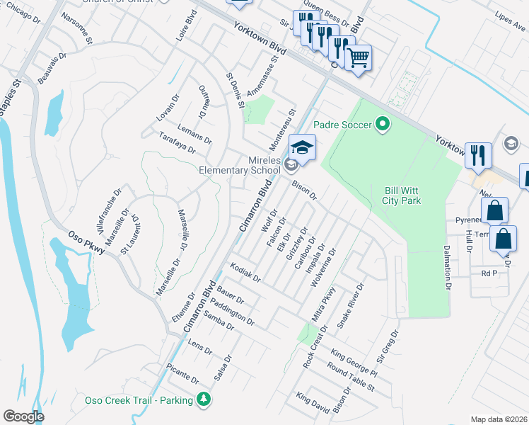 map of restaurants, bars, coffee shops, grocery stores, and more near 6422 Cateau Street in Corpus Christi