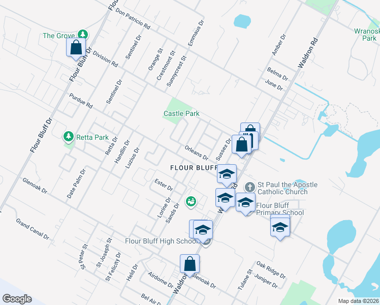 map of restaurants, bars, coffee shops, grocery stores, and more near 2245 Burgundy Drive in Corpus Christi