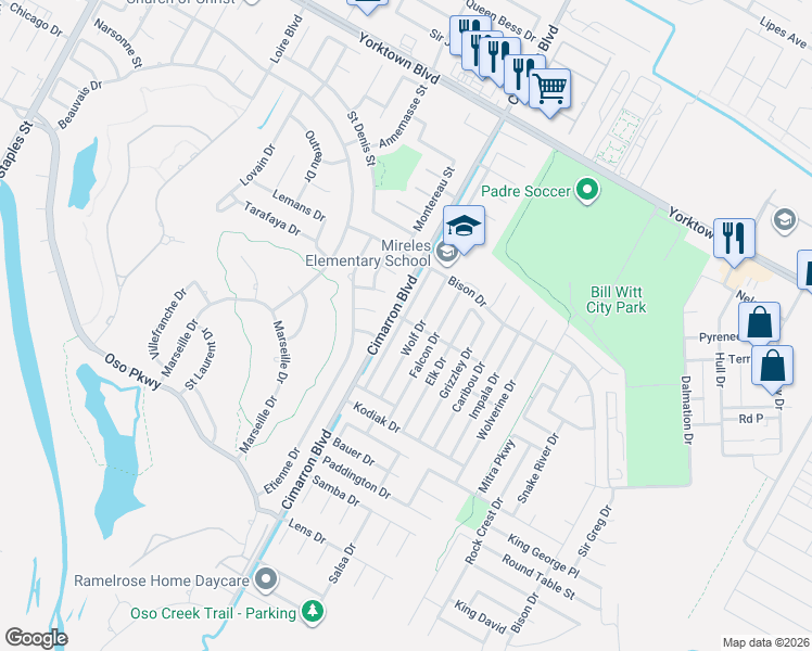 map of restaurants, bars, coffee shops, grocery stores, and more near 6422 Cateau Street in Corpus Christi
