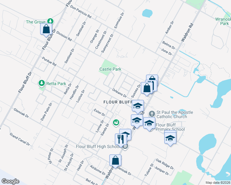 map of restaurants, bars, coffee shops, grocery stores, and more near 2245 Burgundy Drive in Corpus Christi