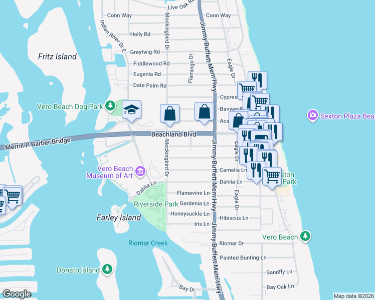 map of restaurants, bars, coffee shops, grocery stores, and more near 3305 Flamingo Drive in Vero Beach