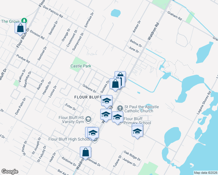 map of restaurants, bars, coffee shops, grocery stores, and more near 2218 Sussex Drive in Corpus Christi