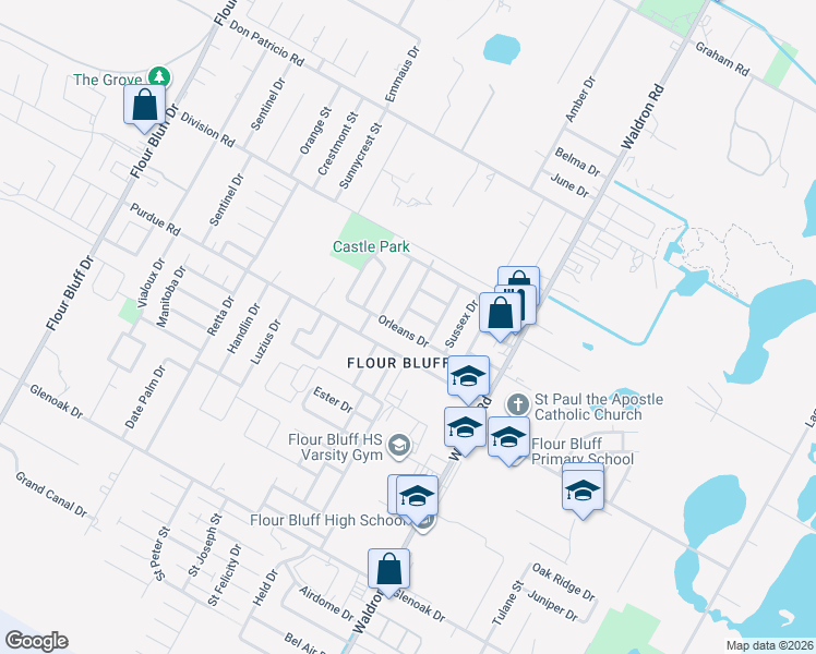map of restaurants, bars, coffee shops, grocery stores, and more near 2245 Burgundy Drive in Corpus Christi