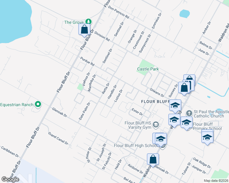 map of restaurants, bars, coffee shops, grocery stores, and more near 2330 Handlin Drive in Corpus Christi