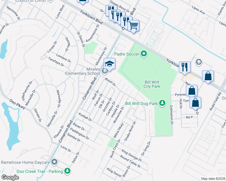 map of restaurants, bars, coffee shops, grocery stores, and more near 7713 Elk Drive in Corpus Christi