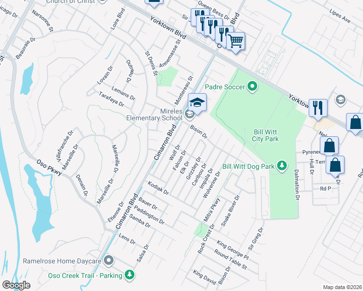 map of restaurants, bars, coffee shops, grocery stores, and more near 7734 Wolf Drive in Corpus Christi