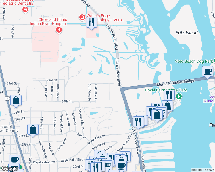 map of restaurants, bars, coffee shops, grocery stores, and more near 3075 Par Drive in Vero Beach