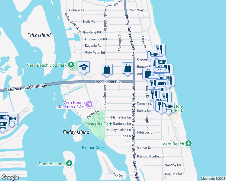 map of restaurants, bars, coffee shops, grocery stores, and more near 556 Azalea Lane in Vero Beach