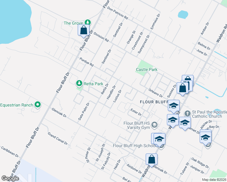 map of restaurants, bars, coffee shops, grocery stores, and more near 2330 Handlin Drive in Corpus Christi