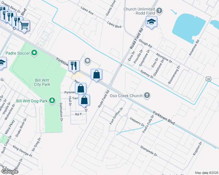 map of restaurants, bars, coffee shops, grocery stores, and more near 7201 Yorktown Boulevard in Corpus Christi