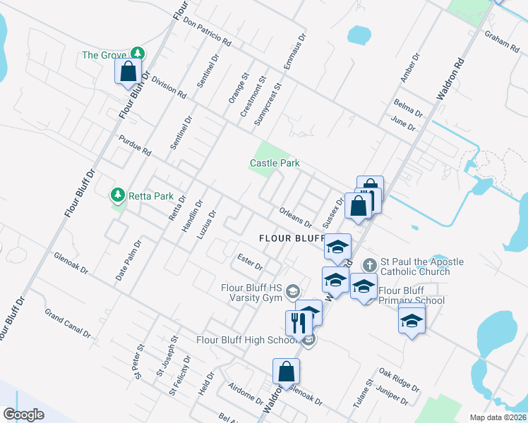 map of restaurants, bars, coffee shops, grocery stores, and more near 825 Orleans Drive in Corpus Christi