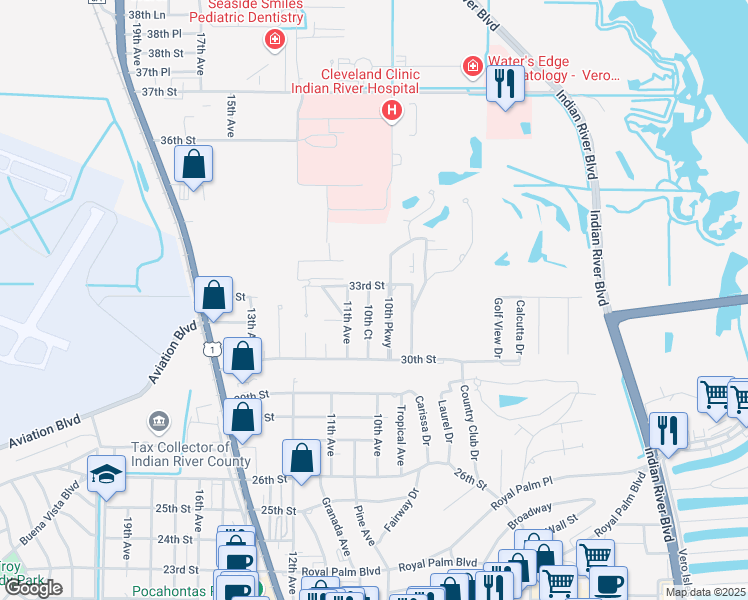 map of restaurants, bars, coffee shops, grocery stores, and more near 3080 10th Court in Vero Beach