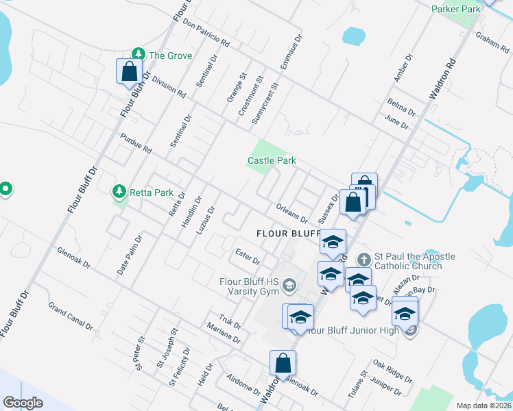 map of restaurants, bars, coffee shops, grocery stores, and more near 825 Orleans Drive in Corpus Christi