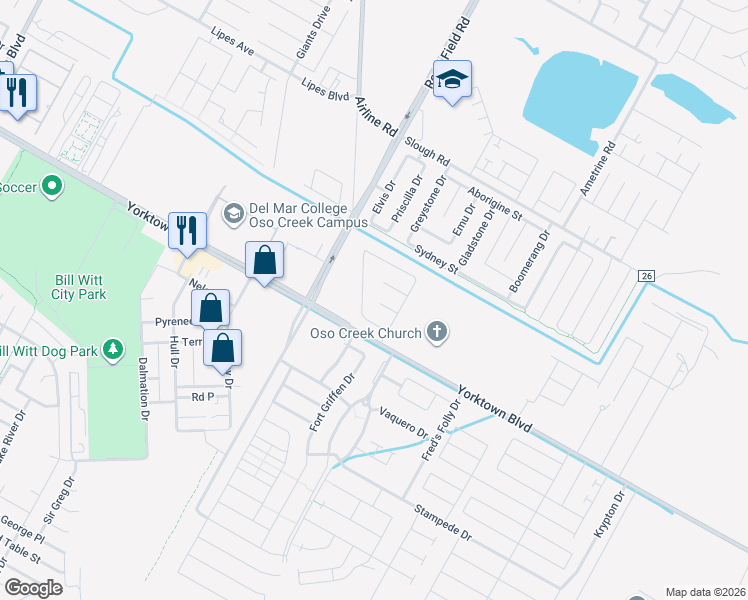 map of restaurants, bars, coffee shops, grocery stores, and more near 7306 Midlands Street in Corpus Christi