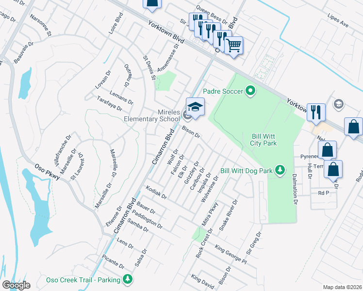 map of restaurants, bars, coffee shops, grocery stores, and more near 7734 Wolf Dr in Corpus Christi