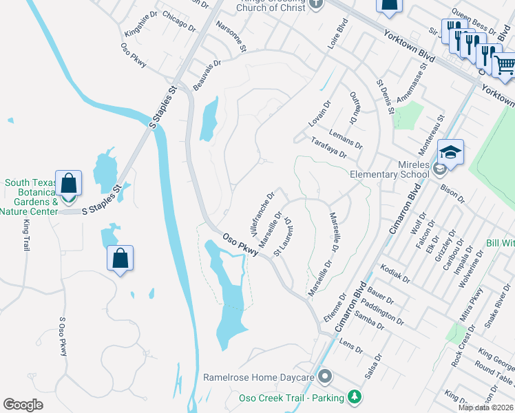 map of restaurants, bars, coffee shops, grocery stores, and more near 8025 Villefranche Drive in Corpus Christi