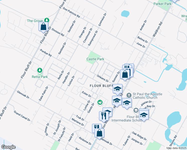 map of restaurants, bars, coffee shops, grocery stores, and more near 825 Orleans Drive in Corpus Christi