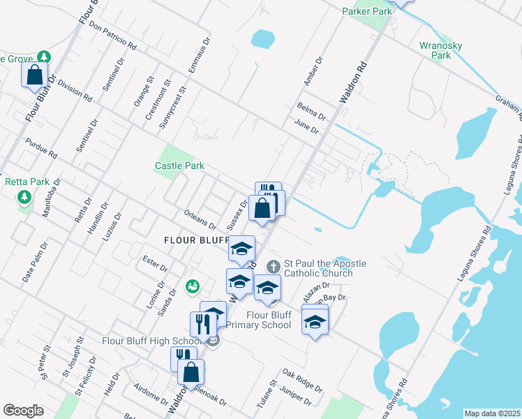 map of restaurants, bars, coffee shops, grocery stores, and more near 2132 Waldron Road in Corpus Christi