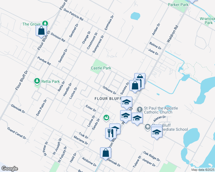 map of restaurants, bars, coffee shops, grocery stores, and more near 2245 Burgundy Drive in Corpus Christi