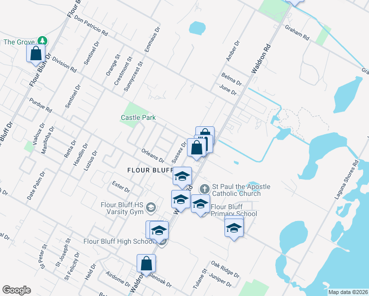 map of restaurants, bars, coffee shops, grocery stores, and more near 2218 Sussex Drive in Corpus Christi