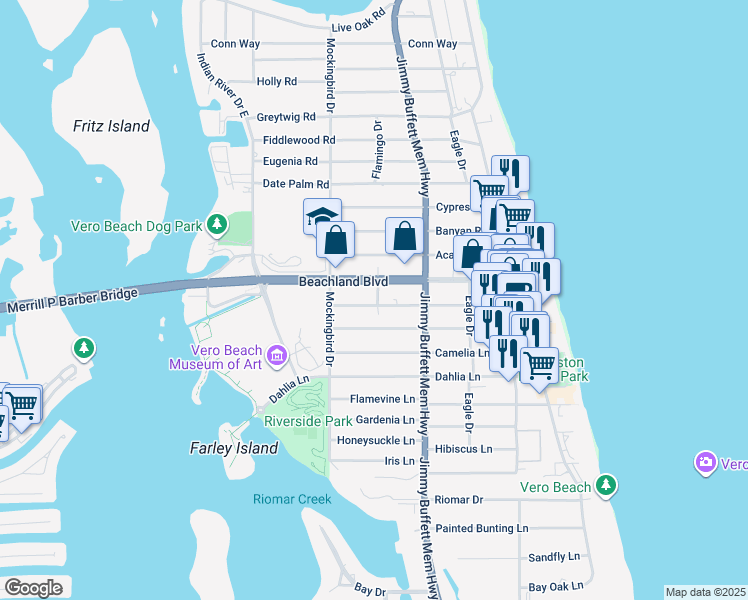 map of restaurants, bars, coffee shops, grocery stores, and more near 3305 Flamingo Drive in Vero Beach