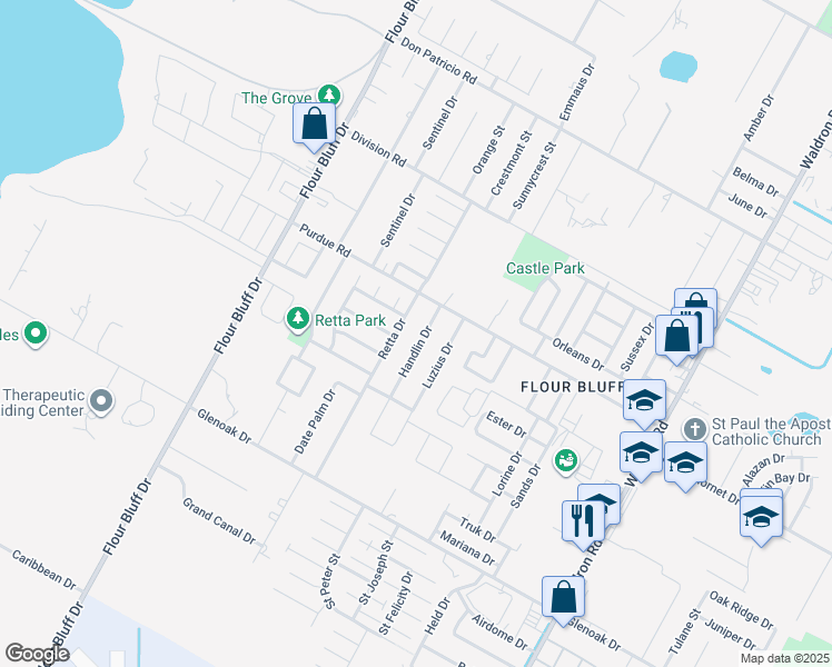 map of restaurants, bars, coffee shops, grocery stores, and more near 2330 Handlin Dr in Corpus Christi