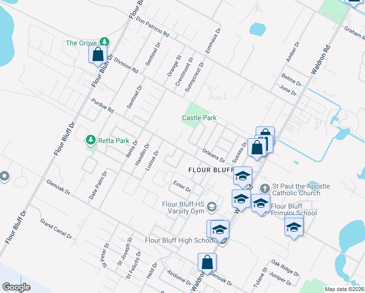 map of restaurants, bars, coffee shops, grocery stores, and more near 852 Purdue Road in Corpus Christi