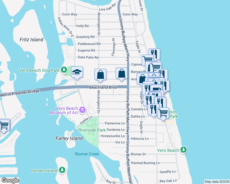 map of restaurants, bars, coffee shops, grocery stores, and more near 3305 Flamingo Drive in Vero Beach