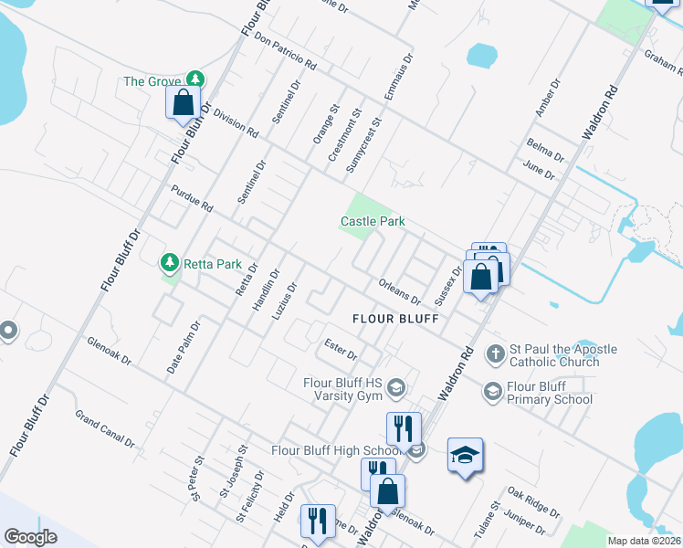 map of restaurants, bars, coffee shops, grocery stores, and more near 852 Purdue Road in Corpus Christi