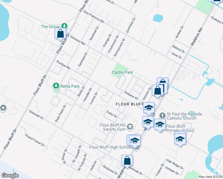 map of restaurants, bars, coffee shops, grocery stores, and more near 852 Purdue Road in Corpus Christi
