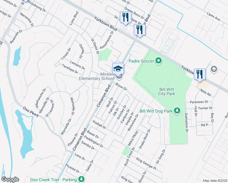 map of restaurants, bars, coffee shops, grocery stores, and more near 7734 Wolf Drive in Corpus Christi