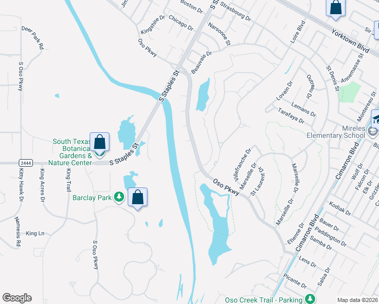 map of restaurants, bars, coffee shops, grocery stores, and more near 5941 Oso Parkway in Corpus Christi