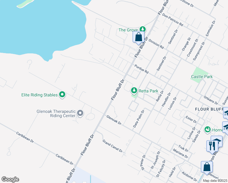 map of restaurants, bars, coffee shops, grocery stores, and more near 2501 Flour Bluff Drive in Corpus Christi