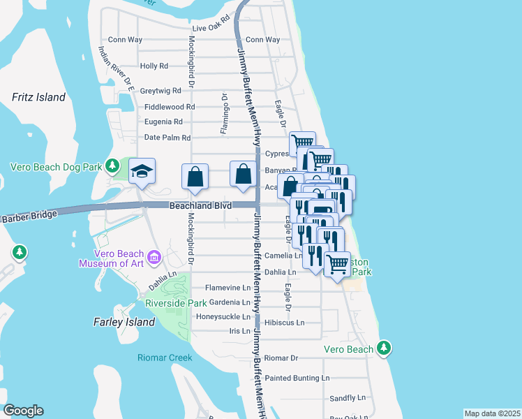 map of restaurants, bars, coffee shops, grocery stores, and more near 662 Azalea Lane in Vero Beach