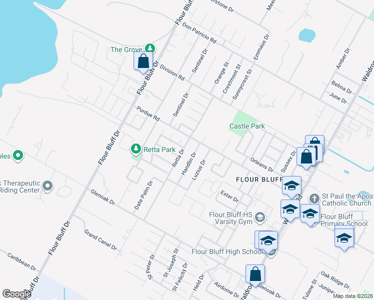 map of restaurants, bars, coffee shops, grocery stores, and more near 2330 Handlin Drive in Corpus Christi