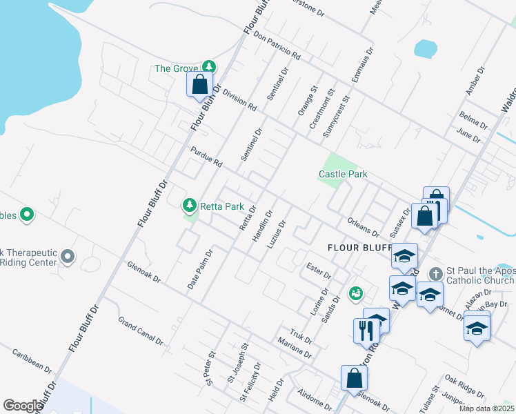 map of restaurants, bars, coffee shops, grocery stores, and more near 2330 Handlin Drive in Corpus Christi