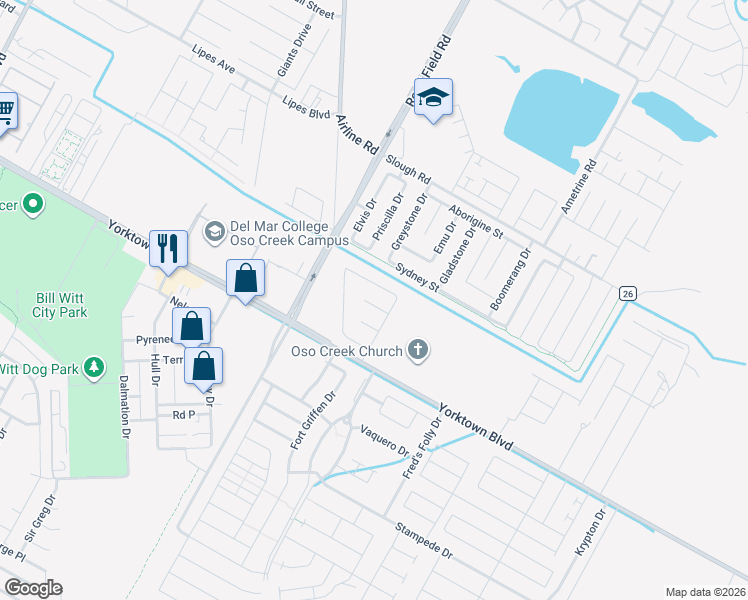 map of restaurants, bars, coffee shops, grocery stores, and more near 4222 Airline Road in Corpus Christi