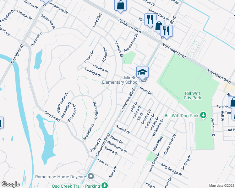 map of restaurants, bars, coffee shops, grocery stores, and more near 7861 Etienne Drive in Corpus Christi